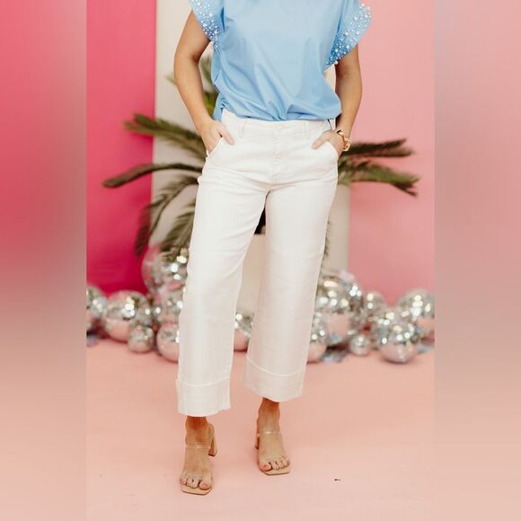 RISEN JEANS CREAM HIGH RISE WIDE LEG CUFF size 3 XL nwt - Picture 1 of 6
